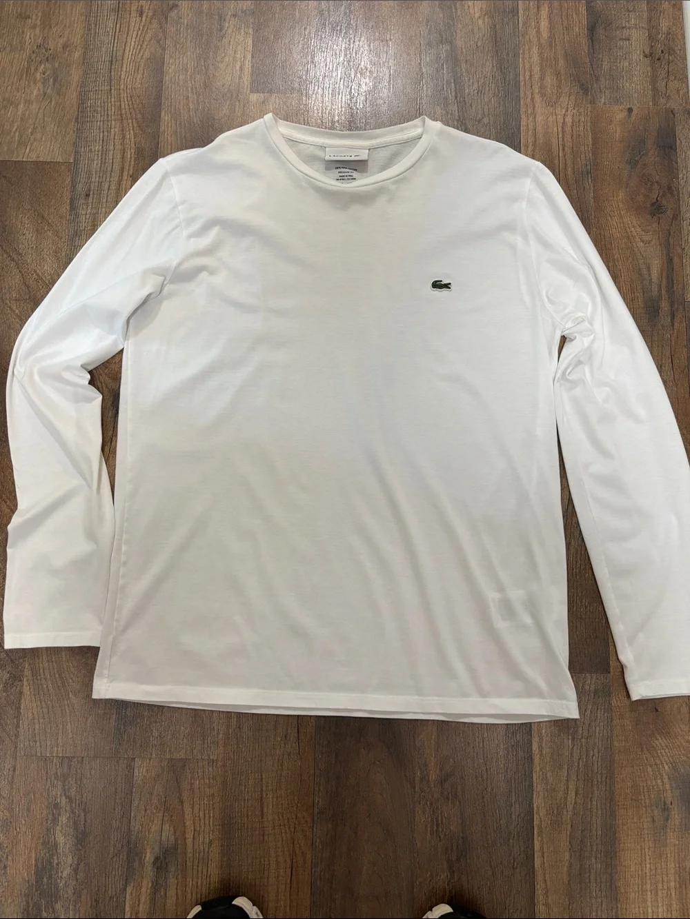 Lacoste Men's Long Sleeve Crewneck Tee in White with Green Logo - Picture 1 of 3